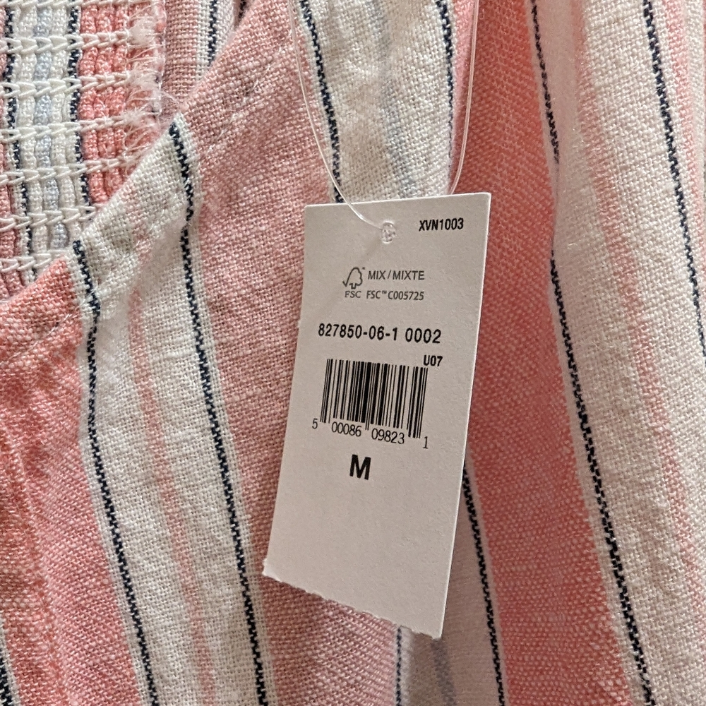 GAP Sleeveless V-Neck Button Front Linen Blend Pink & White Stripe Mini Dress- M - Picture 8 of 13